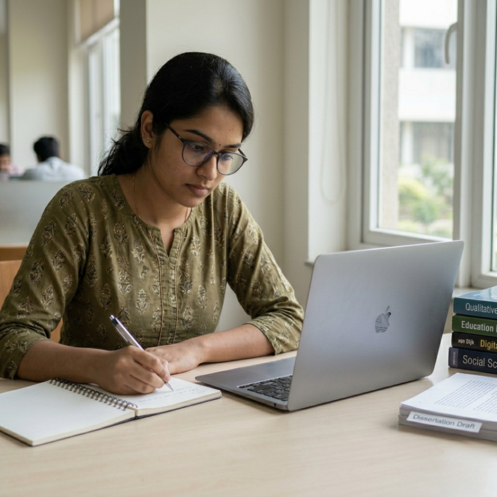 Indian student working on dissertation with books and laptop