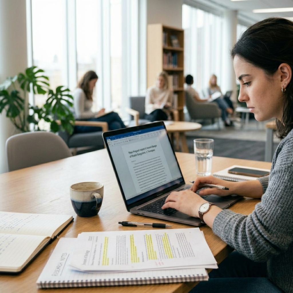 student writing what is a thesis proposal on laptop with research papers