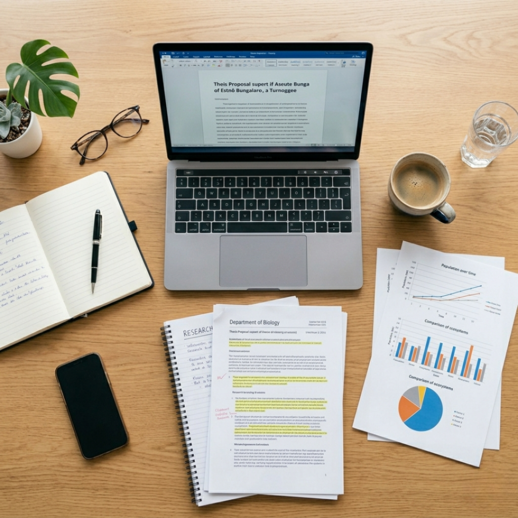 thesis proposal document with laptop and research materials