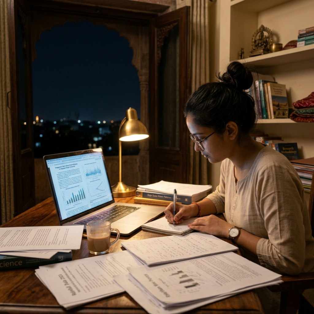 Student working on thesis writing in Rajasthan with research papers and laptop