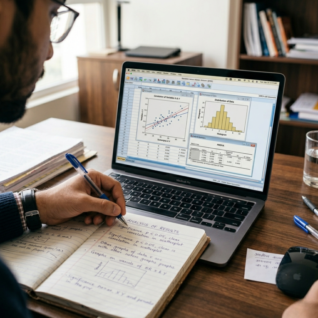 Student analyzing dissertation data with charts and graphs on laptop 