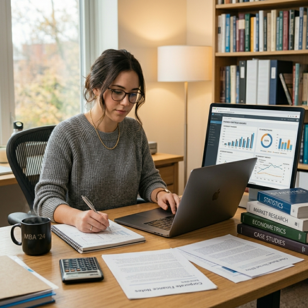 MBA student working on thesis with research data and laptop