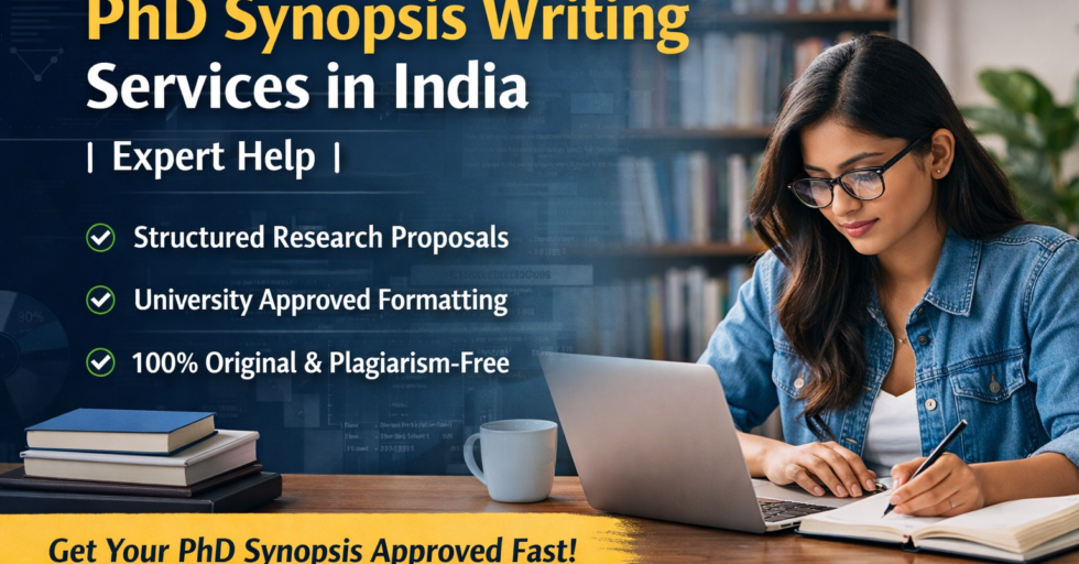 PhD synopsis writing services student preparing research proposal on laptop