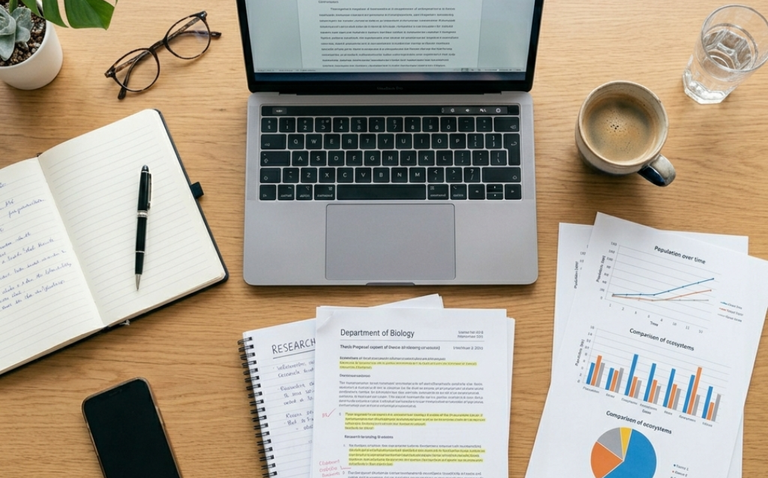 thesis proposal document with laptop and research materials