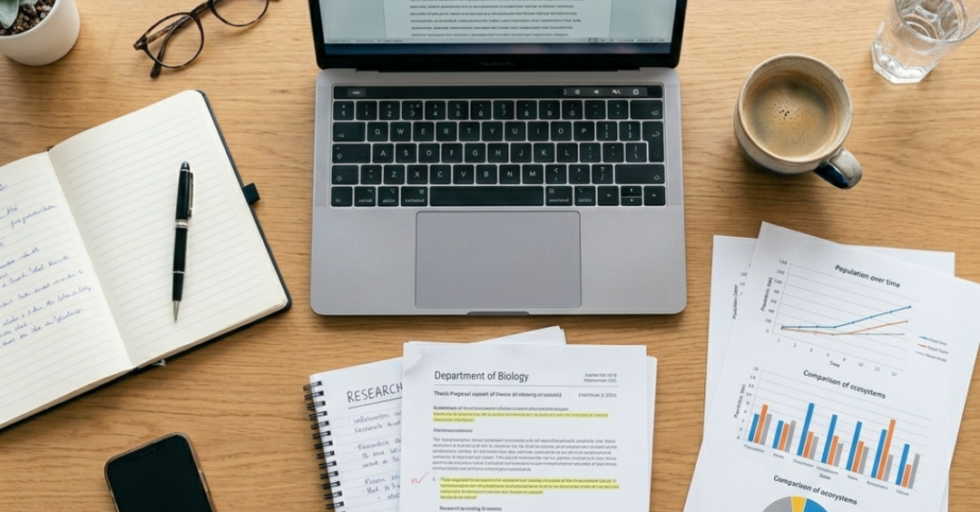 thesis proposal document with laptop and research materials