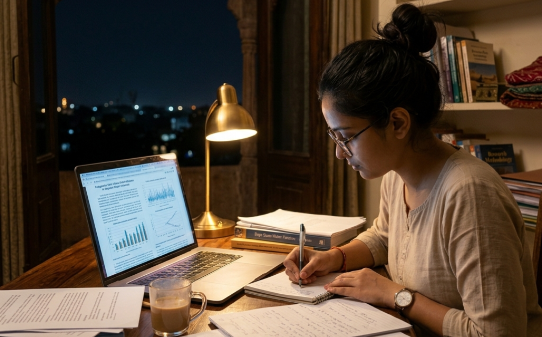 Student working on thesis writing in Rajasthan with research papers and laptop