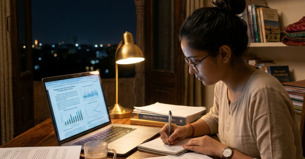 Student working on thesis writing in Rajasthan with research papers and laptop