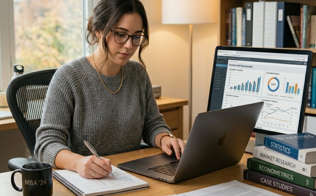 MBA student working on thesis with research data and laptop