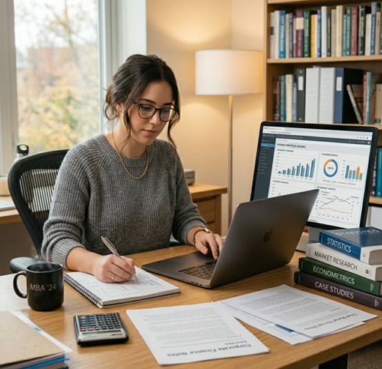 MBA student working on thesis with research data and laptop