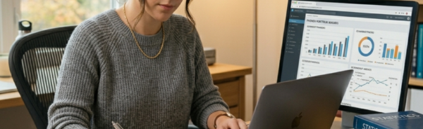 MBA student working on thesis with research data and laptop