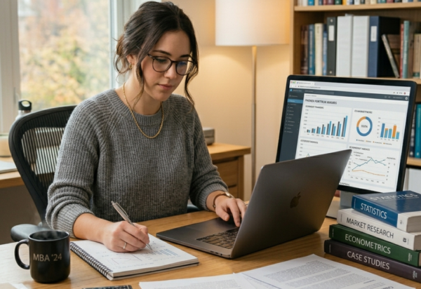 MBA student working on thesis with research data and laptop
