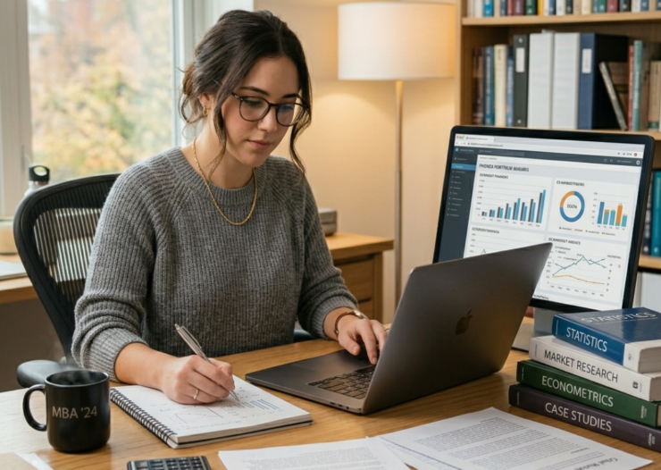 MBA student working on thesis with research data and laptop