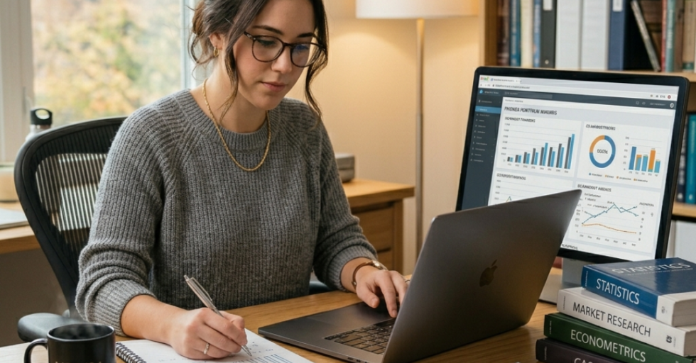 MBA student working on thesis with research data and laptop